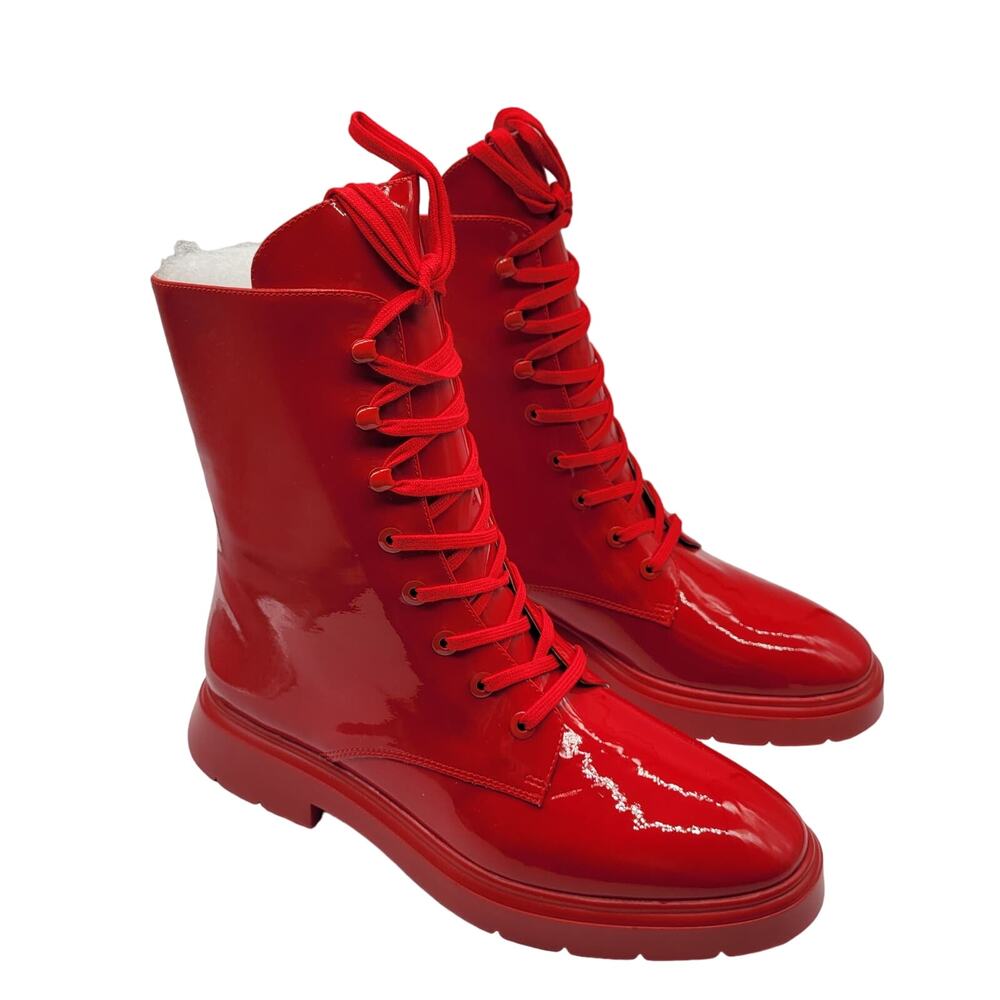 Stuart Weitzman NIB MCKENZEE Ankle Boots Vinyl Lace Up Rain Boot Red Size 36.5